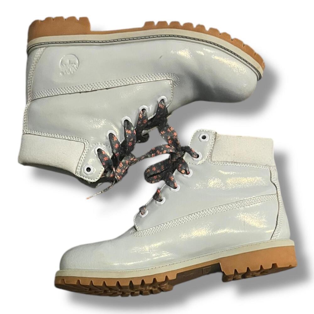 Timberland Junior Girls Sz 7 6” Premium WP Baby Blue Shine 1991A Leather Floral - Picture 3 of 15